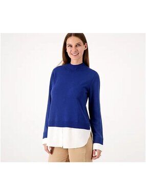 Isaac Mizrahi Live Sweater Petite XL Mock Neck Twofer Twilight Blue Career White